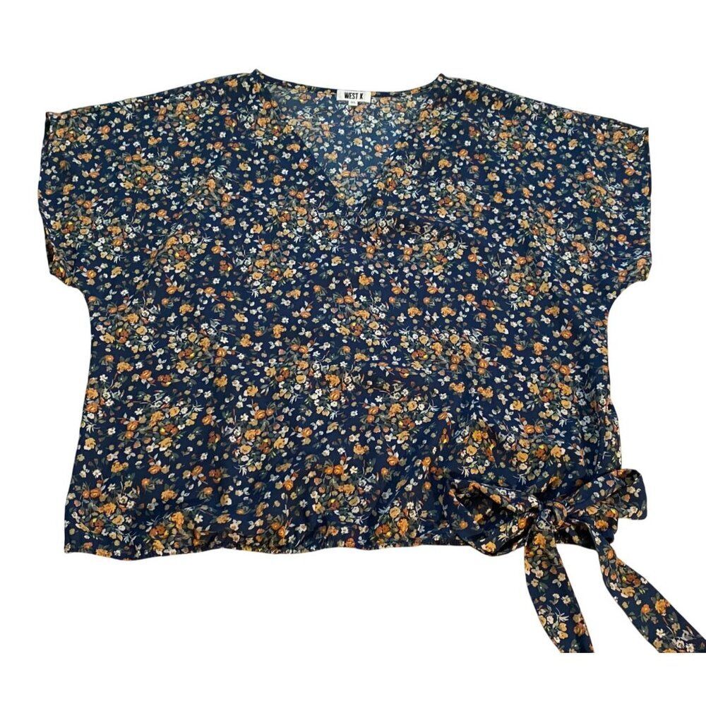 West K Top Women's XL Blue Floral Print Short Sleeve Faux Wrap Boho Peasant Boxy - Picture 10 of 16
